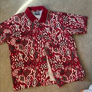 Sigrid Olsen red, brown and white  button down Patterned Polo Shirt. Size  M